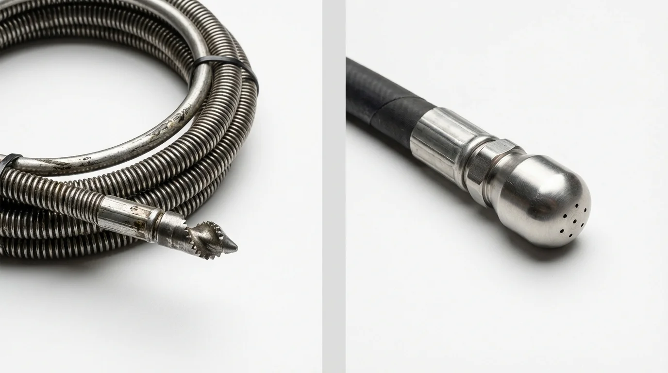 Drain snake cable and hydro jetting nozzle used for drain cleaning in Louisville, KY