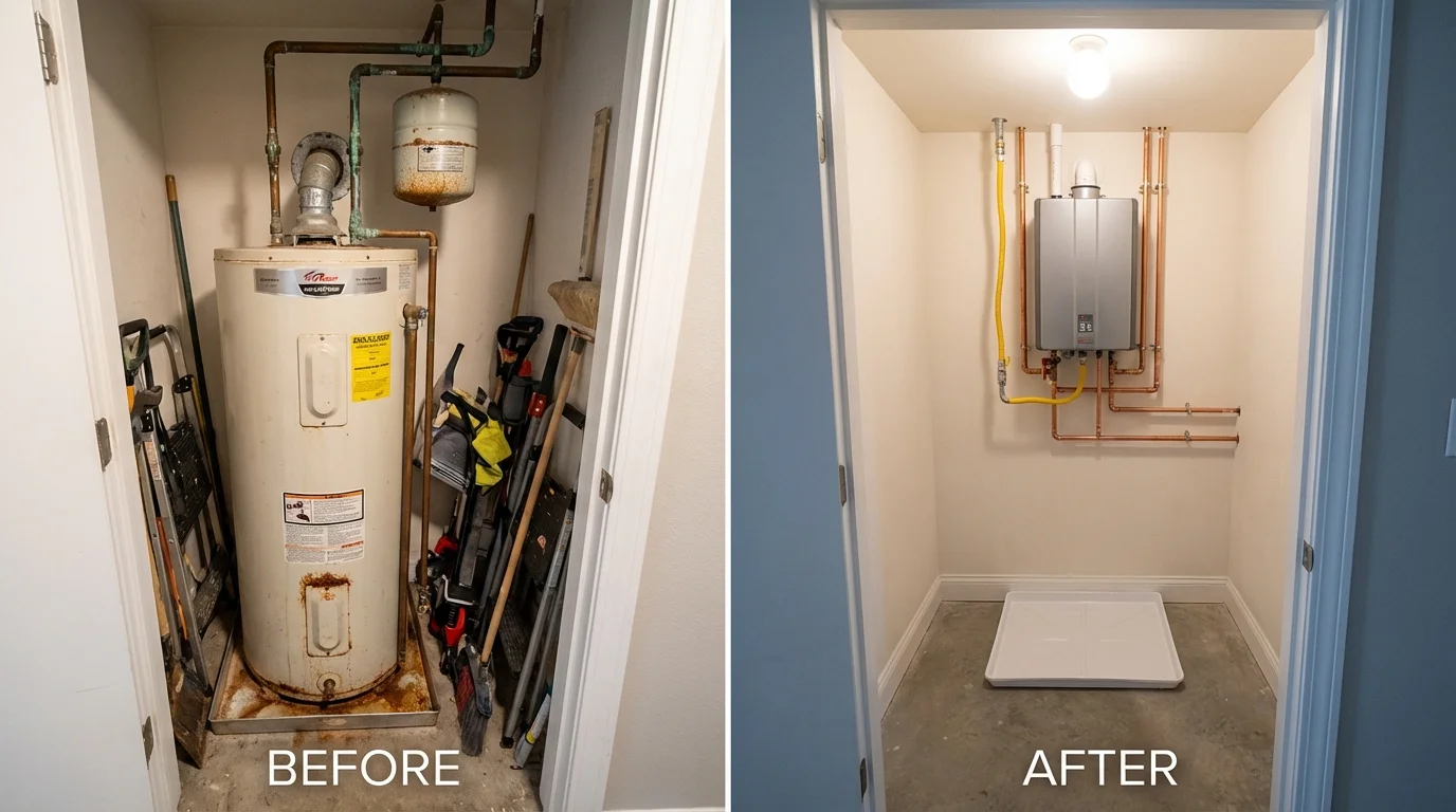 Tank water heater versus wall-mounted tankless unit comparison for Louisville, KY homeowners