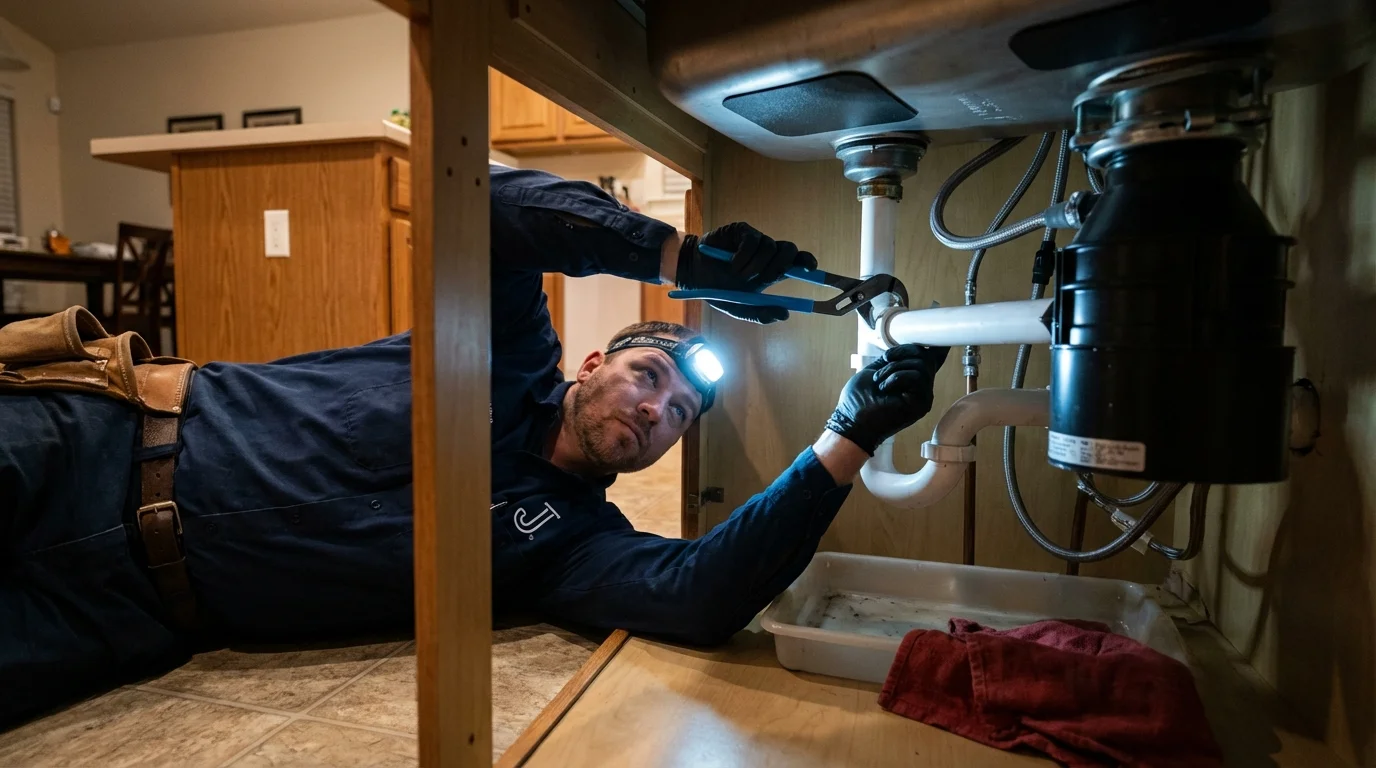 P-trap and supply line connections under a kitchen sink showing a common leak point in Louisville, KY